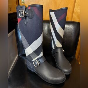 Burberry Dark Blue Bias Check Canvas Birkback Rain Boots 40 / 9.5